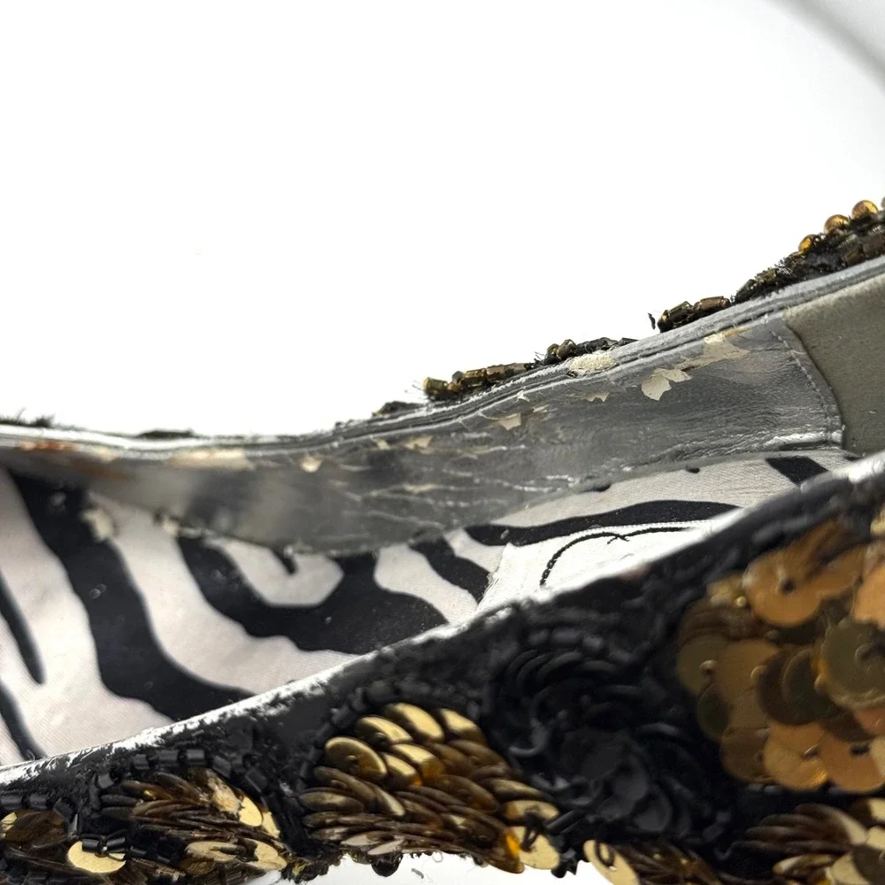Ivanka Ska Sequin Beaded Platform Pumps Gold Black Zebra Print Heel 5.5 In 8/8.5